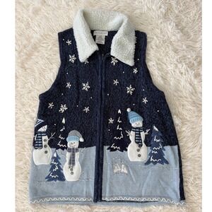 White Stag Women's Novelty Snowman Christmas Sweater‎ Vest Fleece Collar S